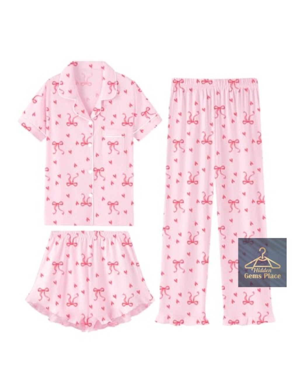Girls 3 Piece Cotton Ruffle Pajama Set Button Down Short Sleeve Sleepwear